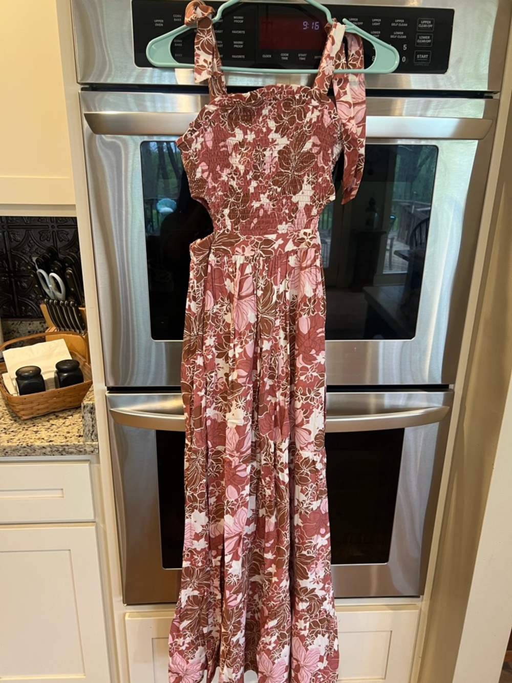 Floral Tie-Shoulder Maxi Dress in Pink & Brown
